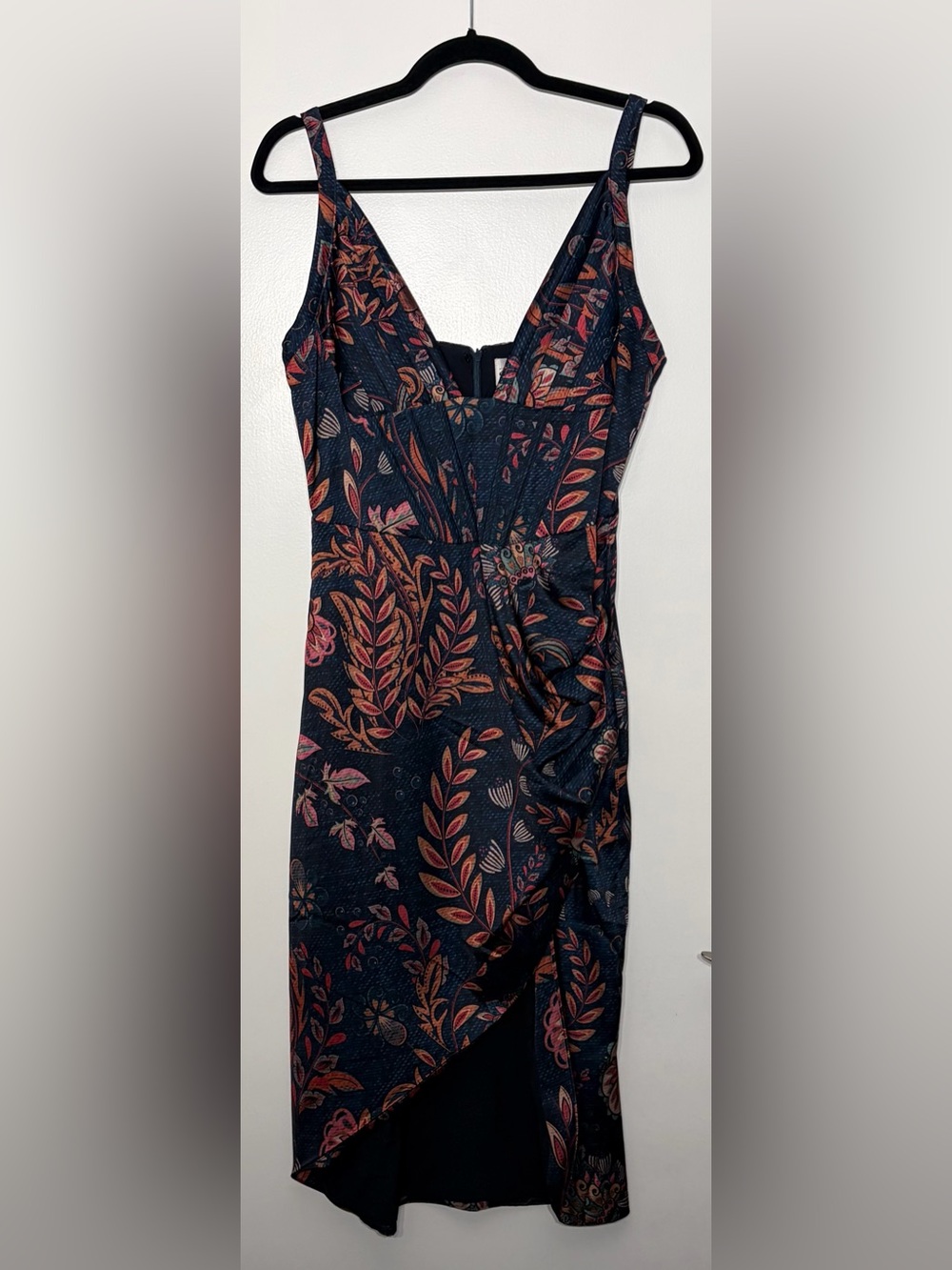 Averie Limited Edition Floral Midi Dress Draped Slit Navy Size Medium